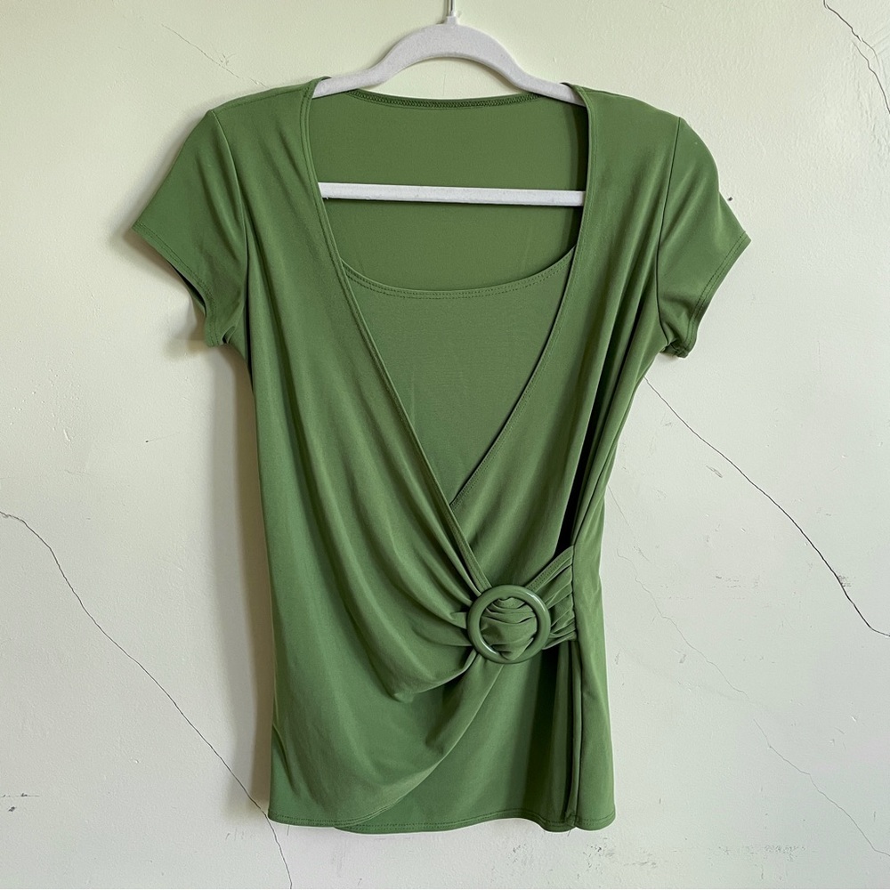 olive green slinky surplice cap sleeve top medium